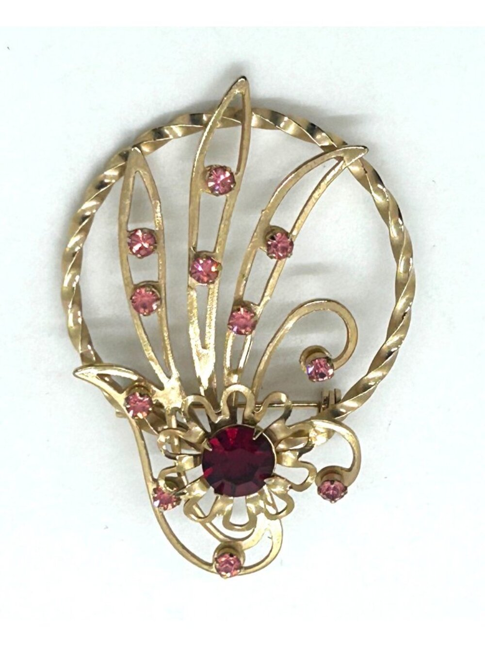 Vintage Rhinestone Brooch Pin Mid Century Pink Red Rhinestone Floral Wreath